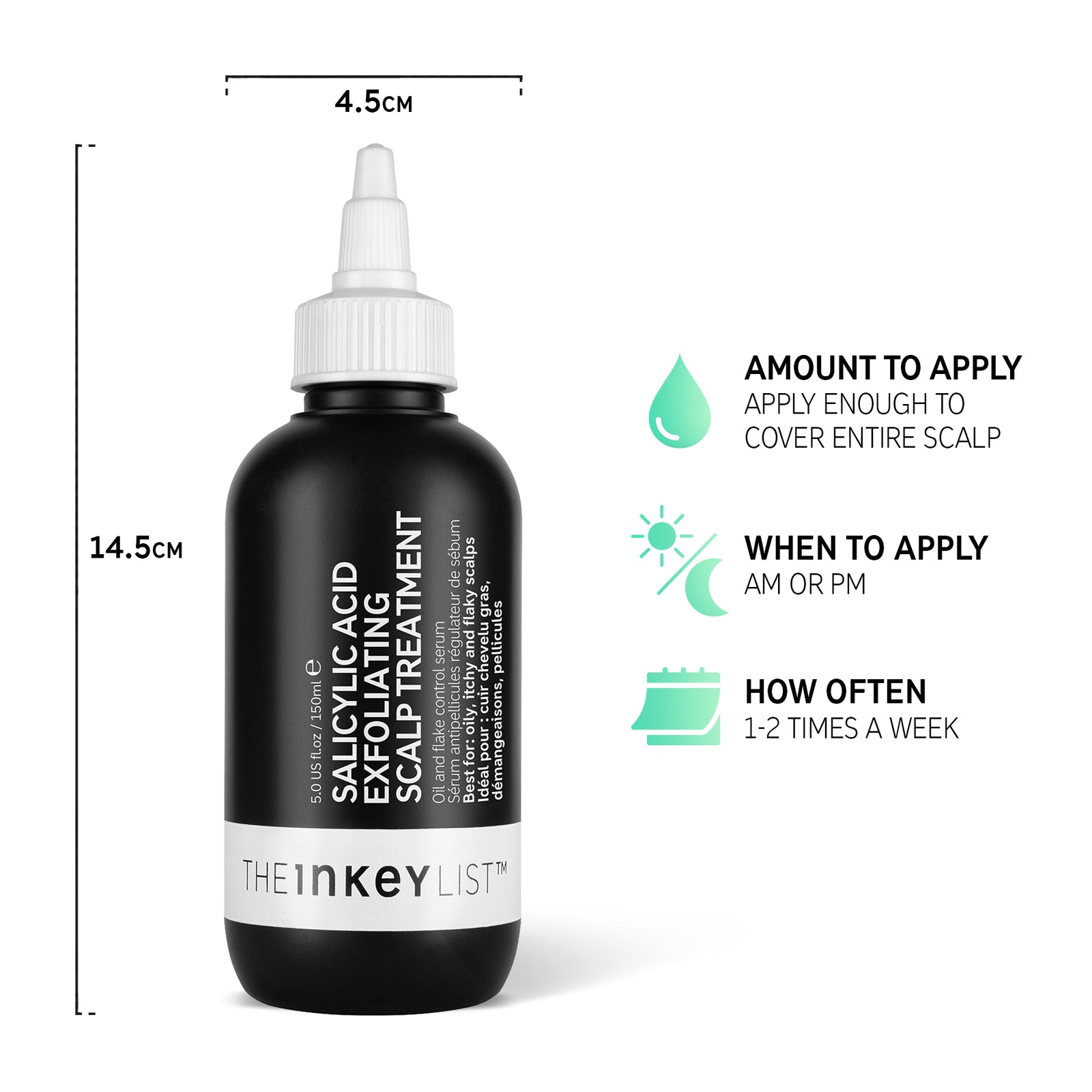 Salicylic Acid Exfoliating Scalp Treatment bottle infographic with product use description