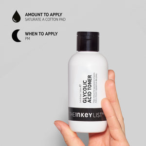 Hand holding Glycolic Acid Toner with text that reads 'Amount to apply: saturate a cotton pad' and 'When to apply: PM'