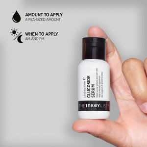 Hand holding Glucoside Serum with black text explaining amount to apply (a pea-sized amount) and when to use it (AM & PM)