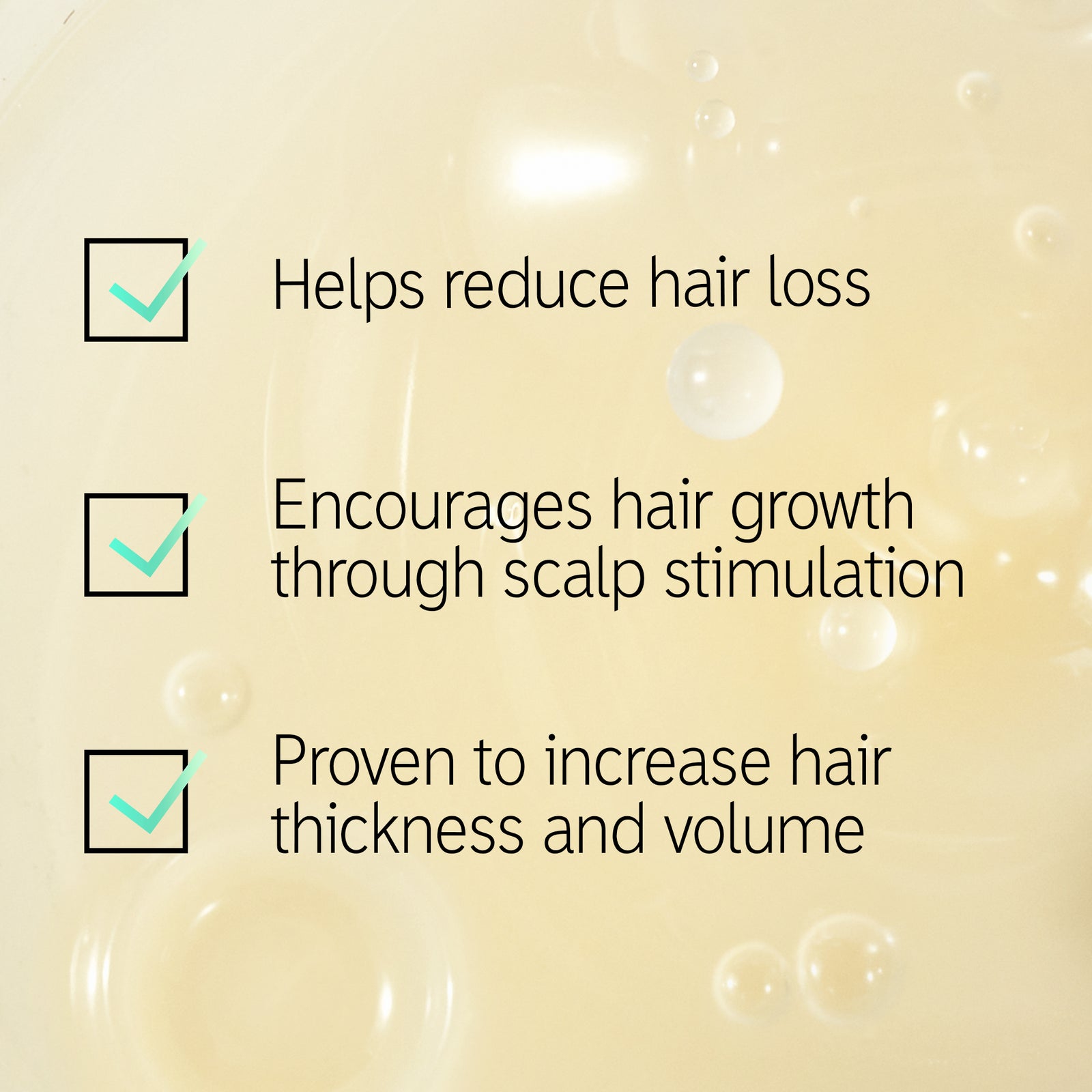 Texture text overlay 'helps reduce hair loss, encourages hair growth through scalp stimulation and proven to increase hair thickness and volume'