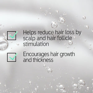 Texture shot reading 'Helps reduce hair loss by scalp and hair follicle stimulation' and 'Encourages hair growth and thickness'