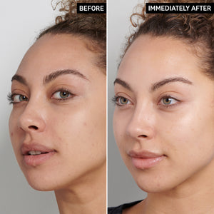 Two images of a model's face side by side to show before and after using Fulvic Acid Cleanser