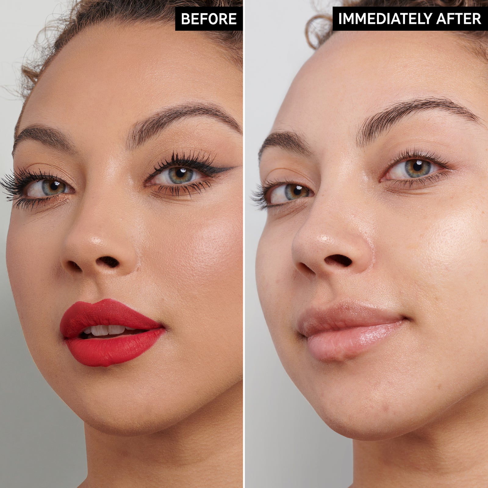Two images of a model's face, side by side to show before and after taking makeup off and cleansing with Oat Cleansing Balm