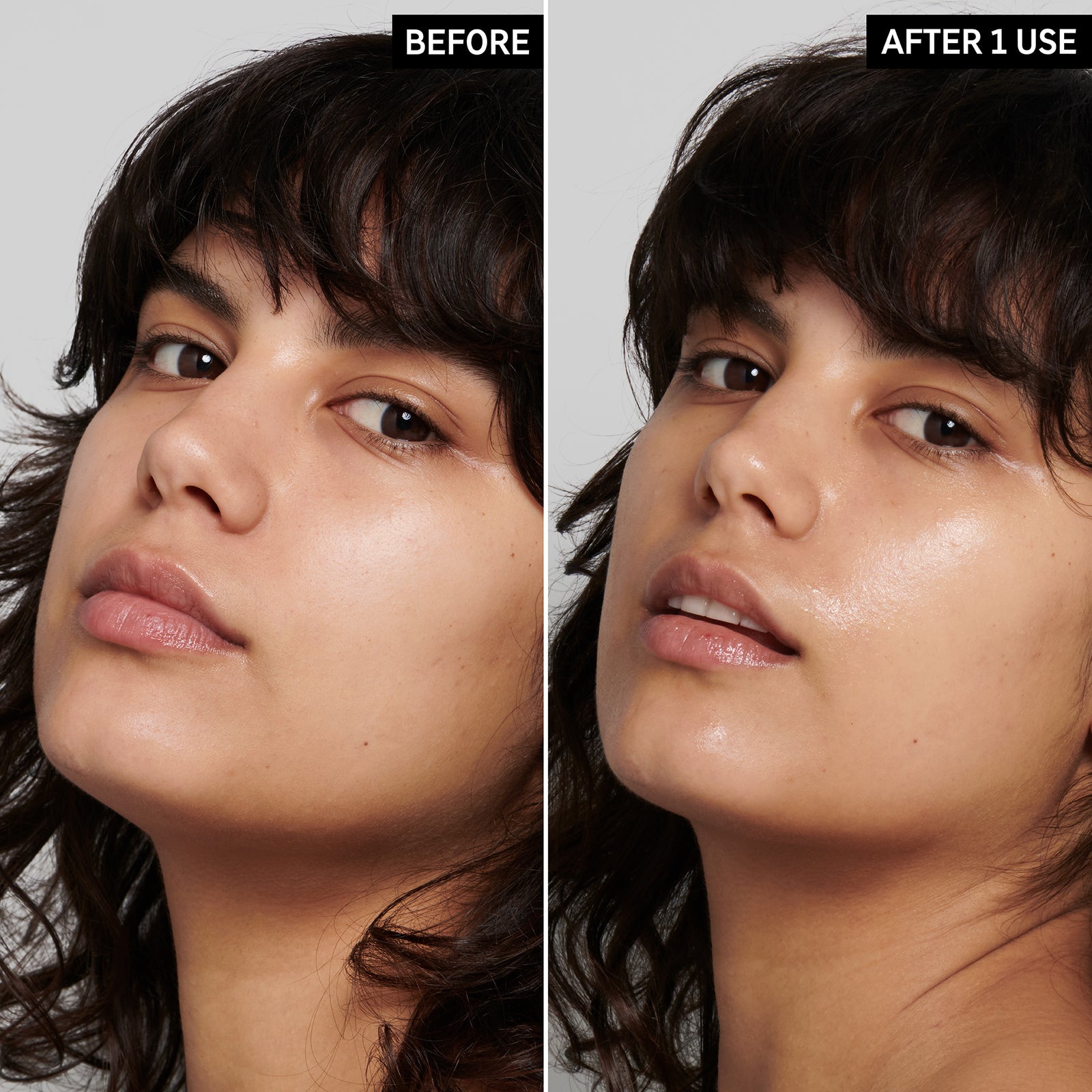 Two images of a female model's face side by side to show before and after using Polyglutamic Acid Serum