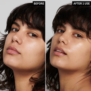 Two images of a female model's face side by side to show before and after using Polyglutamic Acid Serum