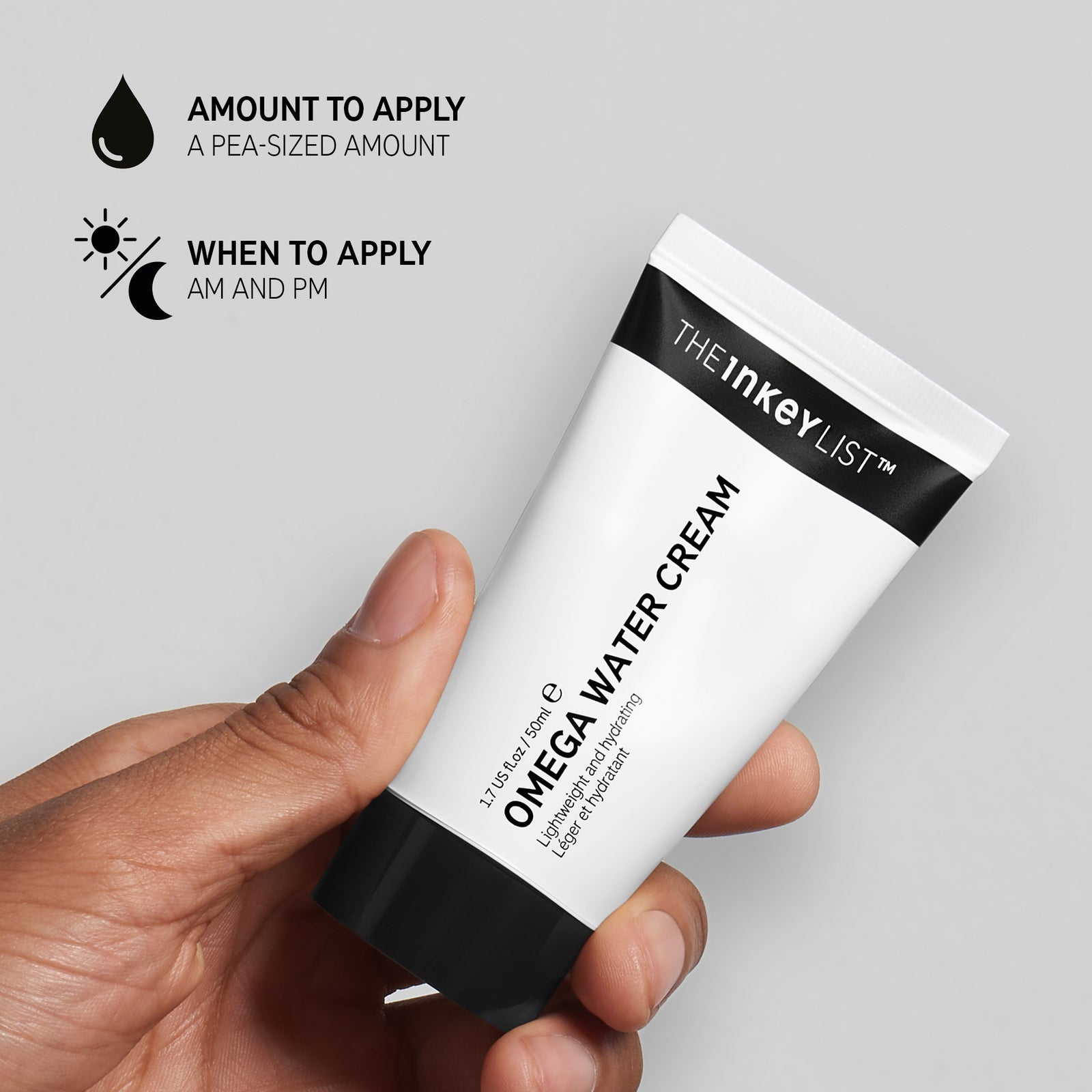 Hand holding Omega Water Cream with black text explaining how and when to use it