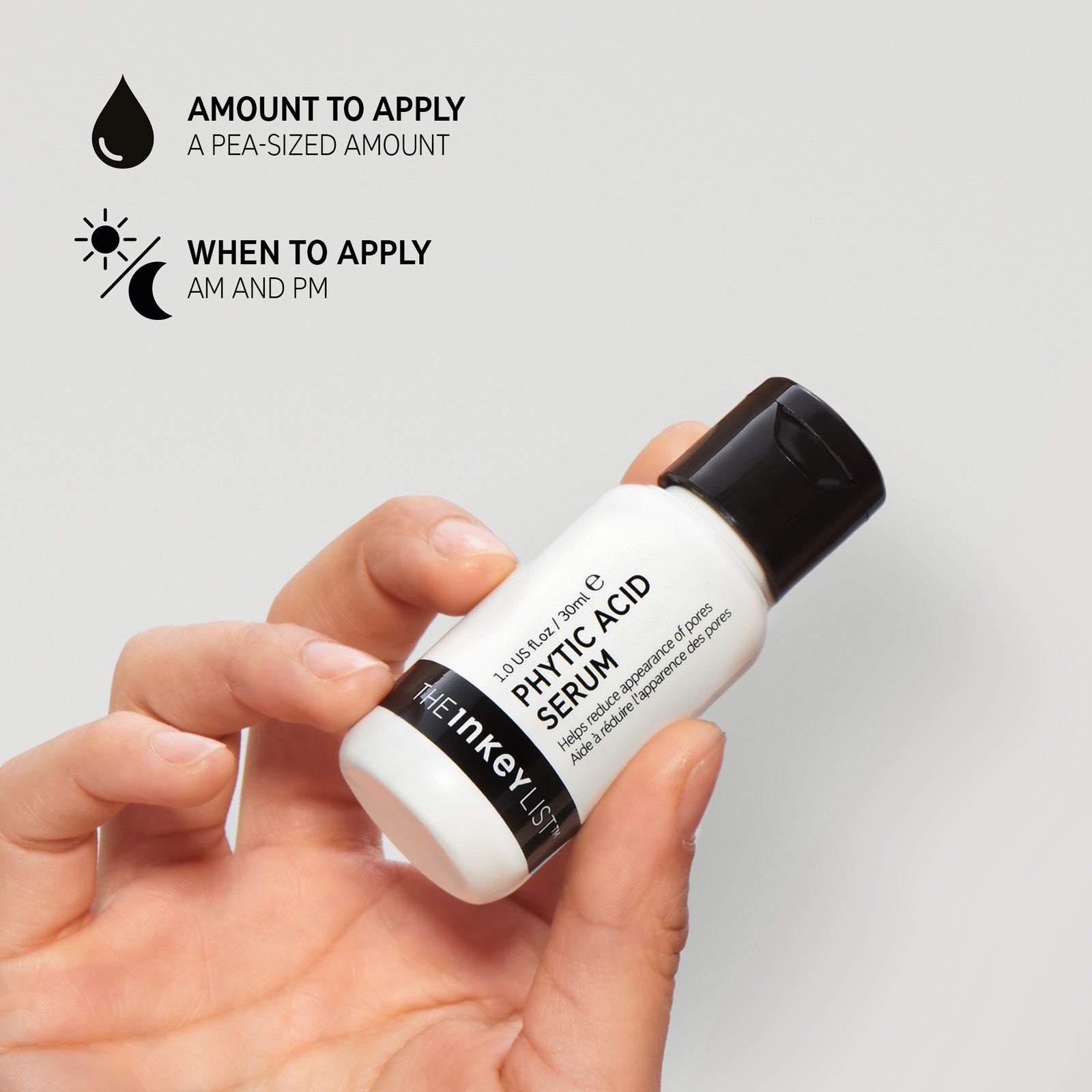 Hand holding Phytic Acid Serum with black text explaining how and when to use it with text 'Amount to apply (pea-sized amount)' and 'When to apply (AM and PM)'