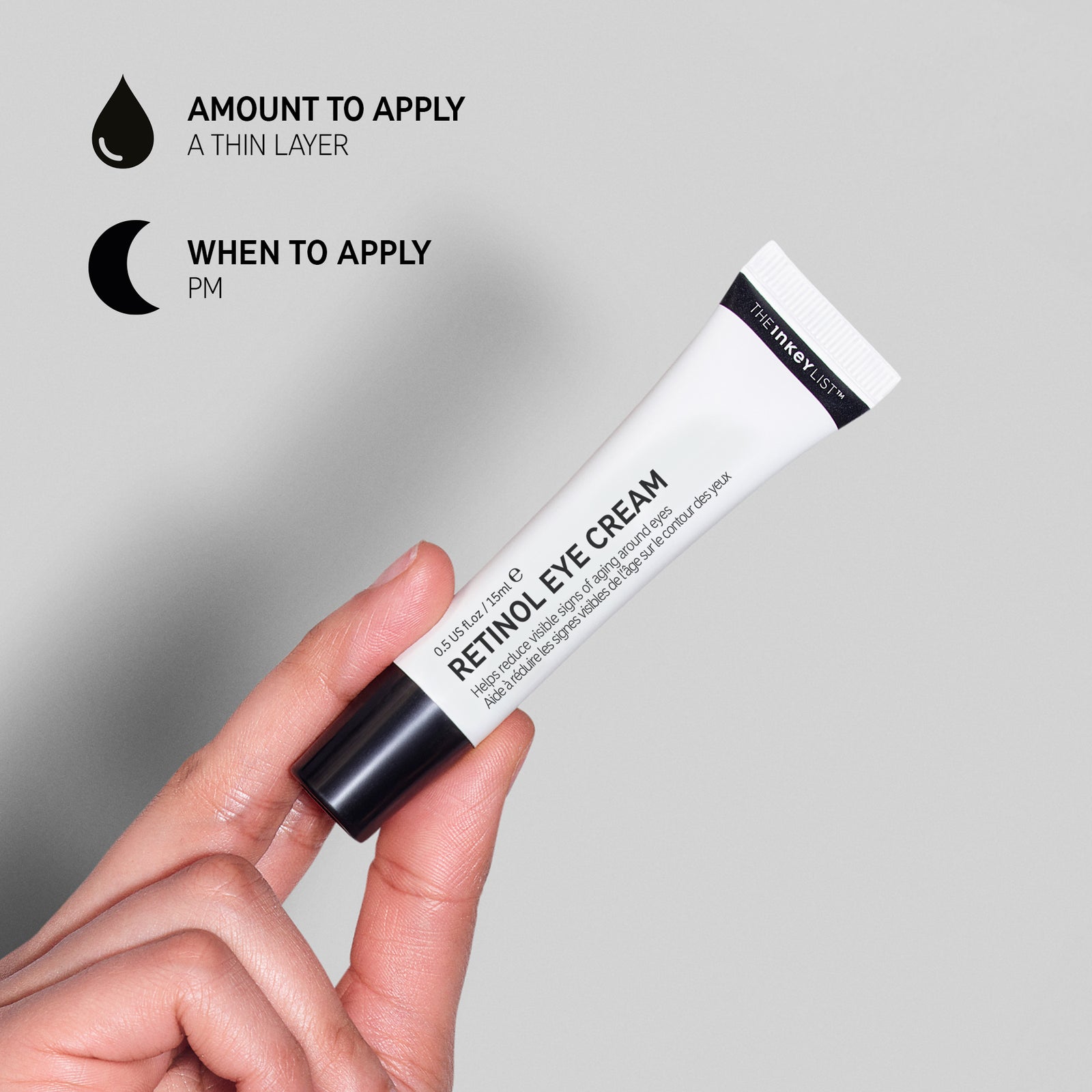 Retinol Eye Cream annotated with how and when to use it