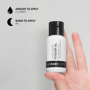 Hand holding Rosehip Oil bottle with text that reads 'Amount to apply (2-3 drops)' and 'When to apply (PM)'