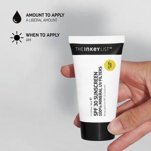 Hand holding SPF 30 Sunscreen on grey background with black text explaining how and when to use it