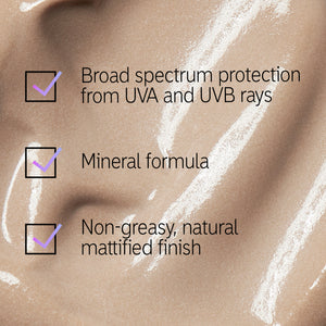 SPF 30 Sunscreen texture shot with text overlay listing the 3 main benefits