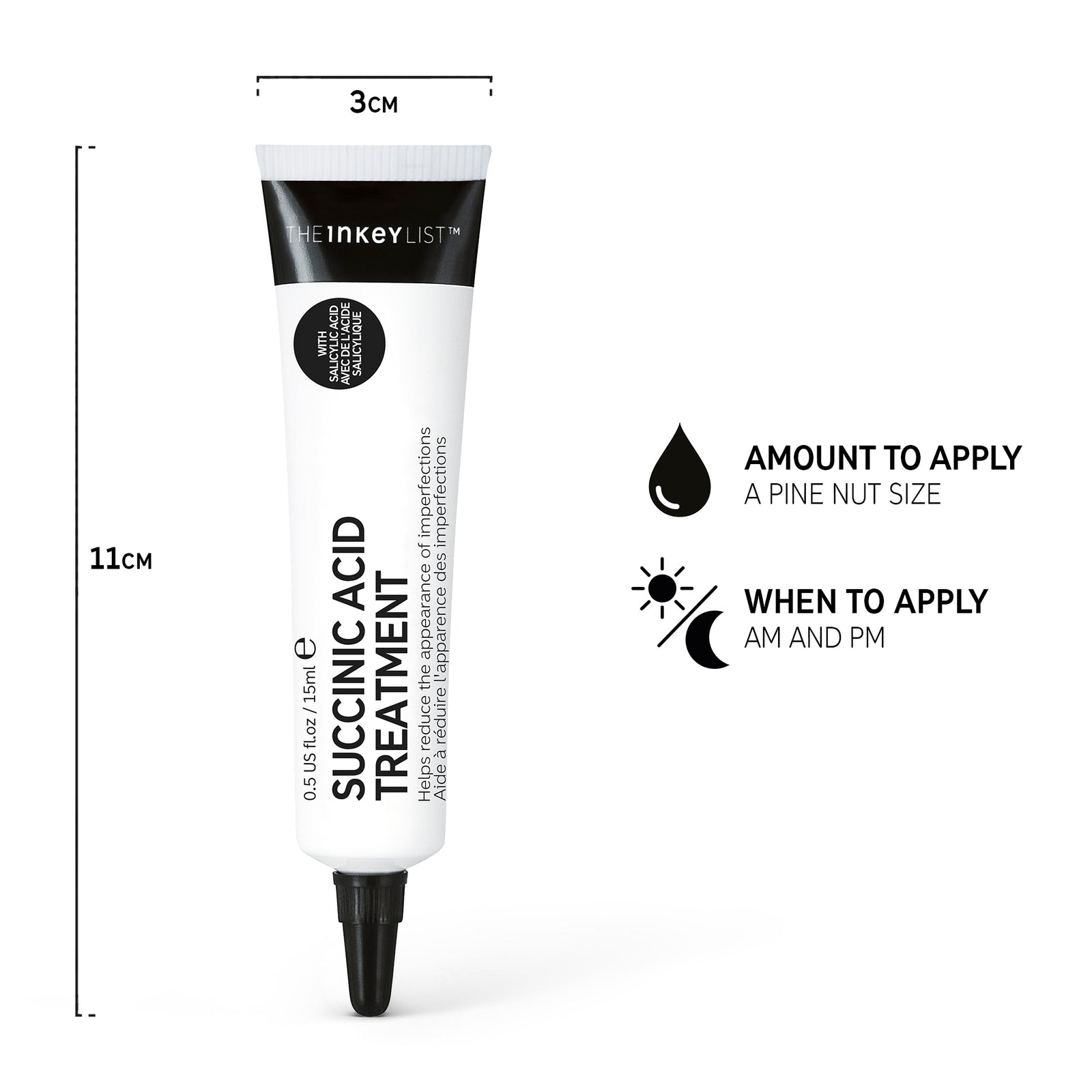 Succinic Acid Acne Treatment pack shot annotated with bottle dimensions and amount to apply (a pine nut size) and when to apply (AM and PM)